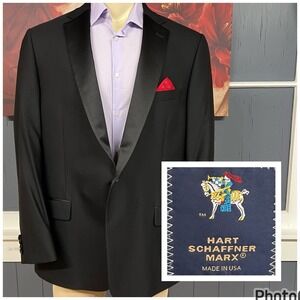 Hart Schaffner Marx Tuxedo Suit Jacket Blazer Mens 48R Wool Black One Button USA